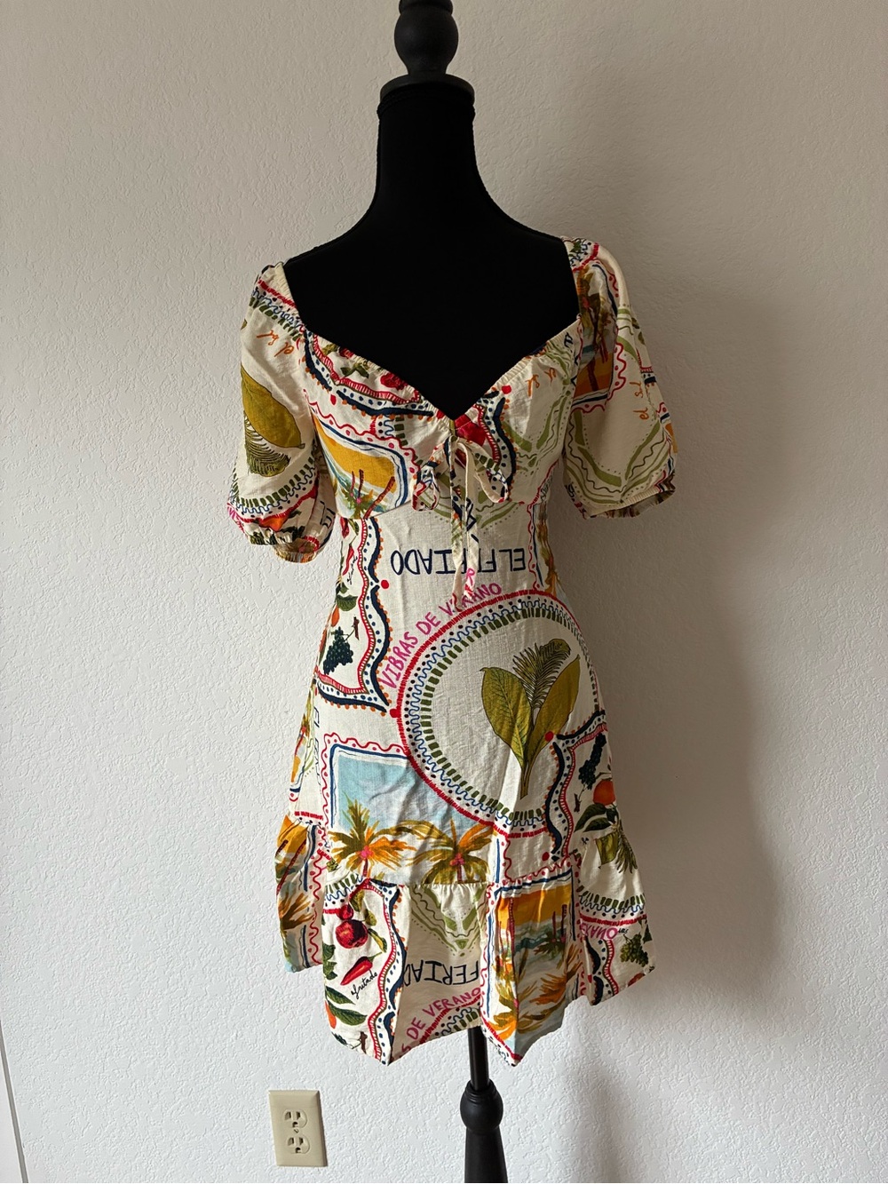 White Mini Dress Multi-Colored Tropical Print Euro Summer Peasant Ruffle